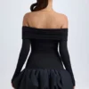 Vestito corto Serra in modal con spalle scoperte e orlo a palloncino, colore nero Vestito corto Serra in modal con spalle scoperte e orlo a palloncino, colore nero