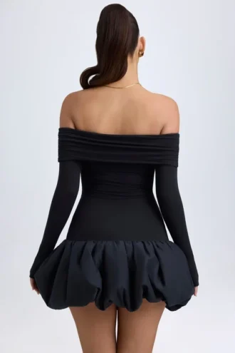 Vestito corto Serra in modal con spalle scoperte e orlo a palloncino, colore nero Vestito corto Serra in modal con spalle scoperte e orlo a palloncino, colore nero