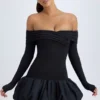 Vestito corto Serra in modal con spalle scoperte e orlo a palloncino, colore nero Vestito corto Serra in modal con spalle scoperte e orlo a palloncino, colore nero