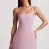 Vestito corto strutturato a trapezio con scollo all’americana a righe sottili Odessa in malva