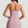 Vestito corto strutturato a trapezio con scollo all’americana a righe sottili Odessa in malva