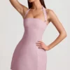 Vestito corto strutturato a trapezio con scollo all’americana a righe sottili Odessa in malva