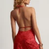 Vestito corto svasato con collo a cappuccio Halia in devoré rosso peperoncino Vestito corto svasato con collo a cappuccio Halia in devoré rosso peperoncino