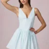 Vestito corto svasato con fiocco Marissa a righe blu polvere Vestito corto svasato con fiocco Marissa a righe blu polvere