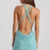 Vestito corto Sylune con collo a cappuccio decorato e schiena scoperta in blu acquamarina Vestito corto Sylune con collo a cappuccio decorato e schiena scoperta in blu acquamarina
