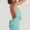 Vestito corto Sylune con collo a cappuccio decorato e schiena scoperta in blu acquamarina Vestito corto Sylune con collo a cappuccio decorato e schiena scoperta in blu acquamarina