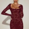 Vestito Darla trasparente con pizzo smerlato e maniche lunghe in rosso vino Vestito Darla trasparente con pizzo smerlato e maniche lunghe in rosso vino