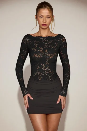 Vestito Eirlys in pizzo trasparente con scollo a barchetta, nero