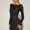 Vestito Eirlys in pizzo trasparente con scollo a barchetta, nero Vestito Eirlys in pizzo trasparente con scollo a barchetta, nero