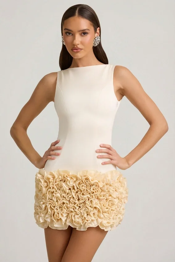 Vestito Florrie in raso con applicazioni floreali e schiena scoperta, colore avorio Vestito Florrie in raso con applicazioni floreali e schiena scoperta, colore avorio