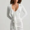 Vestito Jolessa in maglia pointelle con bordi arricciati, bianco Vestito Jolessa in maglia pointelle con bordi arricciati, bianco