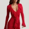 Vestito Jolessa in maglia pointelle con bordi arricciati, rosso scarlatto Vestito Jolessa in maglia pointelle con bordi arricciati, rosso scarlatto