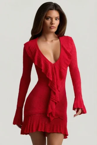 Vestito Jolessa in maglia pointelle con bordi arricciati, rosso scarlatto