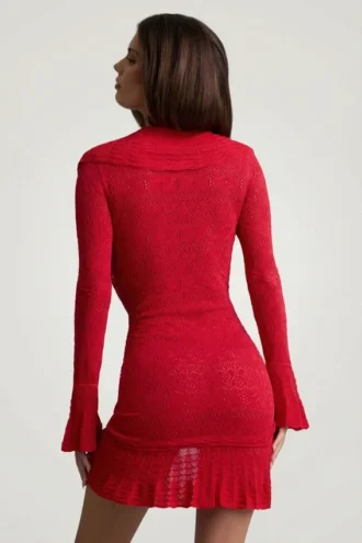 Vestito Jolessa in maglia pointelle con bordi arricciati, rosso scarlatto