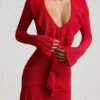 Vestito Jolessa in maglia pointelle con bordi arricciati, rosso scarlatto Vestito Jolessa in maglia pointelle con bordi arricciati, rosso scarlatto