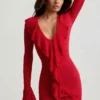Vestito Jolessa in maglia pointelle con bordi arricciati, rosso scarlatto Vestito Jolessa in maglia pointelle con bordi arricciati, rosso scarlatto