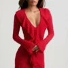 Vestito Jolessa in maglia pointelle con bordi arricciati, rosso scarlatto Vestito Jolessa in maglia pointelle con bordi arricciati, rosso scarlatto