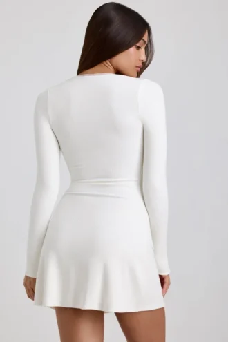 Vestito Lana in modal a coste con bordi in pizzo, bianco