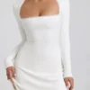 Vestito Lana in modal a coste con bordi in pizzo, bianco Vestito Lana in modal a coste con bordi in pizzo, bianco