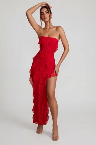 Vestito lungo a fascia con volant Nevali in rosso