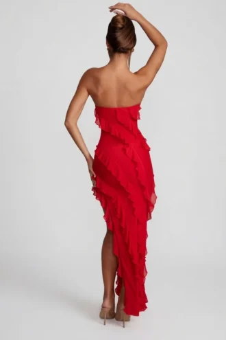 Vestito lungo a fascia con volant Nevali in rosso
