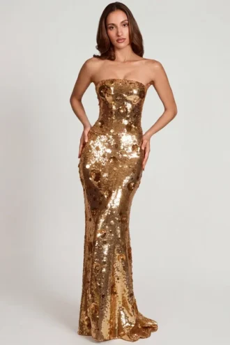 Vestito lungo a fascia Nottola con decorazioni 3D in oro