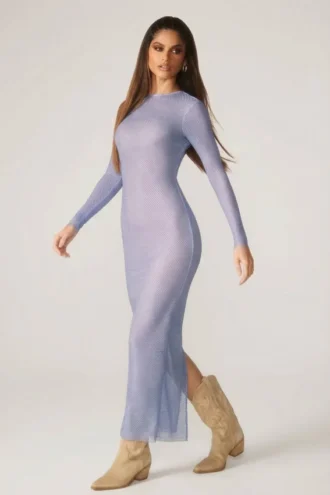 Vestito lungo a maniche lunghe Yasmin con decorazioni in blu