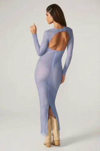 Vestito lungo a maniche lunghe Yasmin con decorazioni in blu