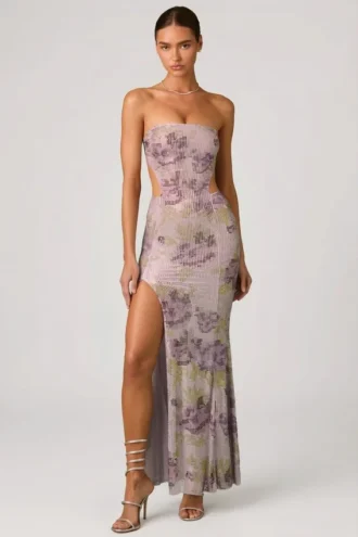 Vestito lungo a sirena con cut-out decorati Lucienne in lilla