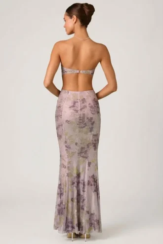 Vestito lungo a sirena con cut-out decorati Lucienne in lilla