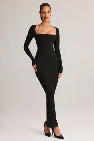 Vestito lungo aderente Lux in modal con scollo quadrato, colore nero