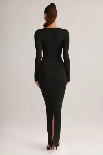 Vestito lungo aderente Lux in modal con scollo quadrato, colore nero
