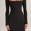Vestito lungo aderente Lux in modal con scollo quadrato, colore nero Vestito lungo aderente Lux in modal con scollo quadrato, colore nero