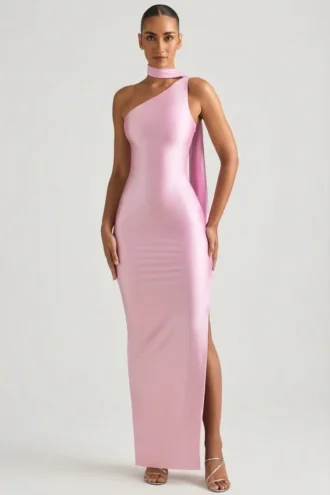 Vestito lungo asimmetrico con dettaglio a sciarpa Sheril in rosa tenue