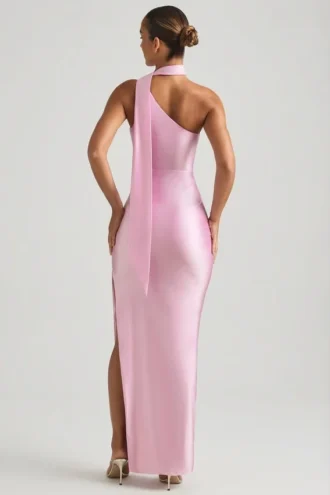 Vestito lungo asimmetrico con dettaglio a sciarpa Sheril in rosa tenue