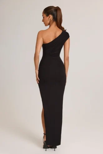 Vestito lungo asimmetrico con ruches in modal Maude, nero Vestito lungo asimmetrico con ruches in modal Maude, nero
