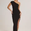 Vestito lungo asimmetrico con ruches in modal Maude, nero Vestito lungo asimmetrico con ruches in modal Maude, nero