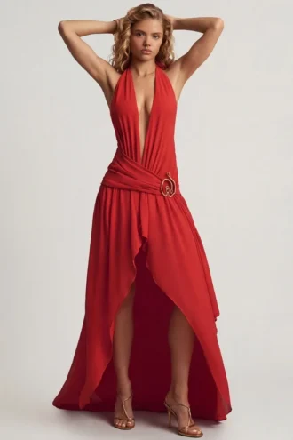 Vestito lungo asimmetrico con scollo all’americana Oliana in rosso peperoncino