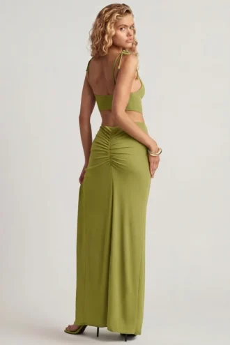 Vestito lungo asimmetrico in jersey testurizzato Imara, verde oliva