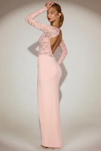 Vestito lungo Carmina con scollo a V smerlato in pizzo, colore rosa