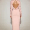 Vestito lungo Carmina con scollo a V smerlato in pizzo, colore rosa Vestito lungo Carmina con scollo a V smerlato in pizzo, colore rosa
