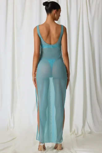 Vestito lungo con cut-out e dettagli in perle Pacifica in turchese