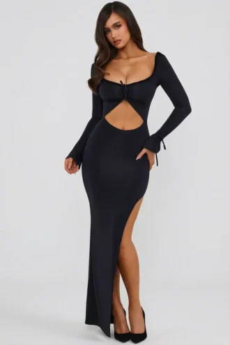 Vestito lungo con cut-out e volant Matilda in nero