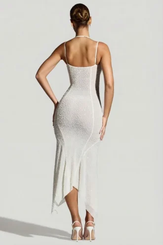 Vestito lungo con orlo a fazzoletto decorato Dole in bianco
