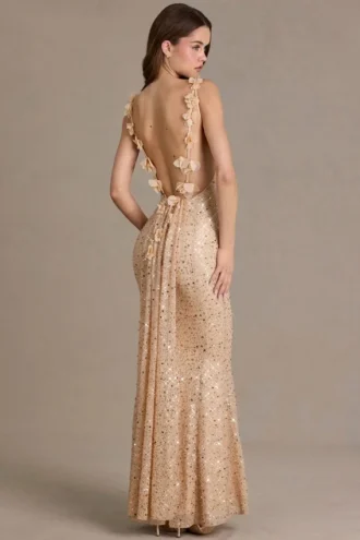 Vestito lungo con schiena scoperta e decorazioni Ariette Premium in oro