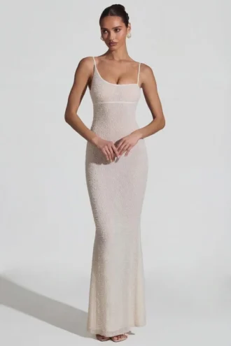 Vestito lungo con schiena scoperta e decorazioni Duhamel in bianco
