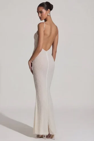 Vestito lungo con schiena scoperta e decorazioni Duhamel in bianco