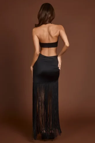 Vestito lungo con scollo a V e frange Solferina in nero