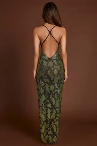 Vestito lungo con scollo all’americana decorato Luserna in verde serpente Vestito lungo con scollo all’americana decorato Luserna in verde serpente