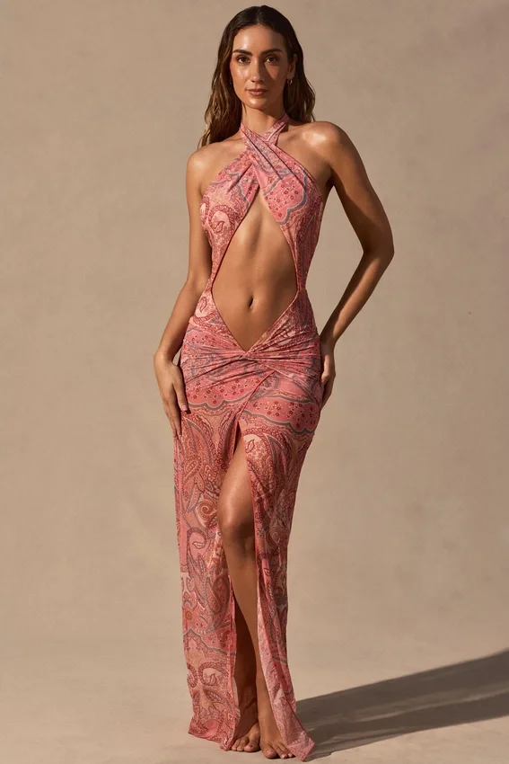 Vestito lungo con scollo all’americana e cut-out Caicos con stampa Paisley Vestito lungo con scollo all’americana e cut-out Caicos con stampa Paisley